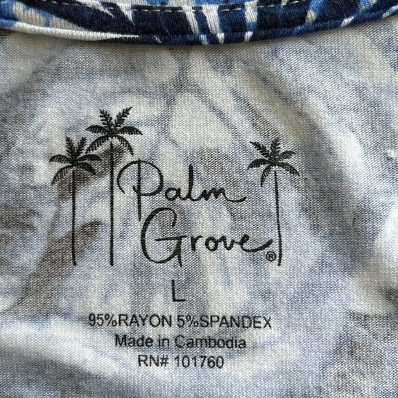 Palm Grove L Blue & White Tropical Print 3/4 Sleeve Top Side Drawstring & Studs - Picture 6 of 10